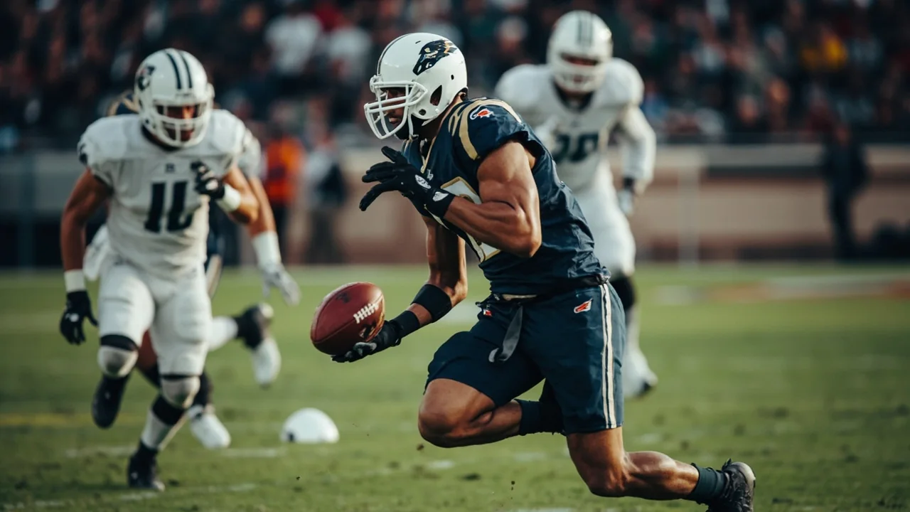 Medium-tactical scene of an offensive line setting a protection pocket at the line of scrimmage, neutral sideline angle, natural daylight — independent editorial figure illustrating the OPRK versus PVO distinction
