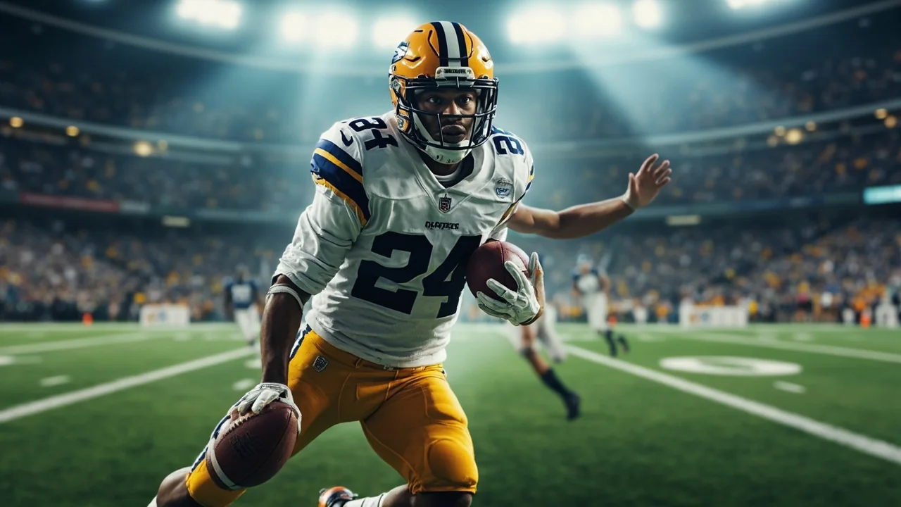 Wide establishing view of a flag-draped stadium concourse at twilight, layered with distant crowd silhouettes — independent editorial cover image for the 2026 High Seas Showdown Fantasy Football League registration story